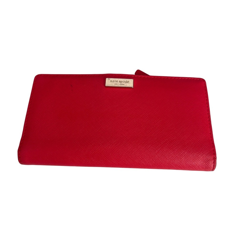 Kate Spade Red Saffiano Leather Bifold Slim Wallet Gold Logo